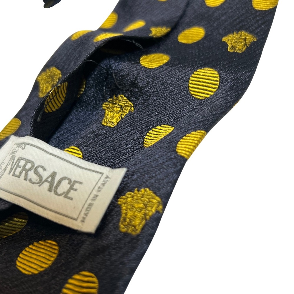 Versace Necktie Mens OS Navy Blue Gold Polka Dot Medusa Head Silk Made in Italy - Picture 11 of 12